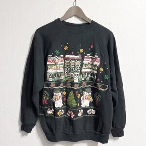 Vintage Sweatshirt Womens Large Black Holiday Christmas Ugly Party Snowman Crew